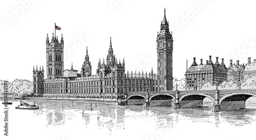 hand drawn sketch of londons houses of parliament big ben westminster bridge river thames perfect for uk tourism history.