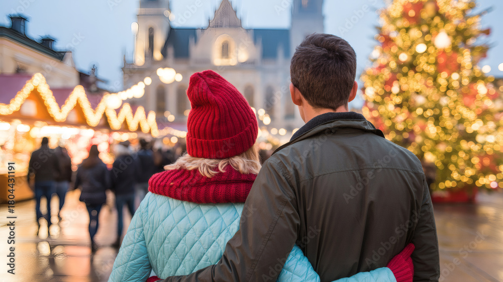 Fototapeta premium Romantic Couple Walking Through Christmas Market at Night with Holiday Lights