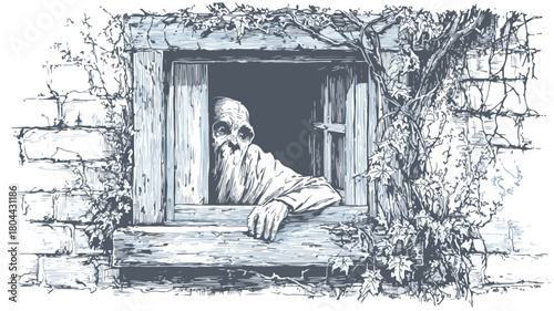 Mysterious Ghostly Figure Peeking from Haunted Window Vector Illustration