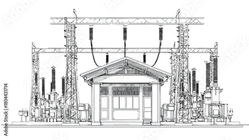 Modern Electrical Substation Vector Outline Isolated on White Background