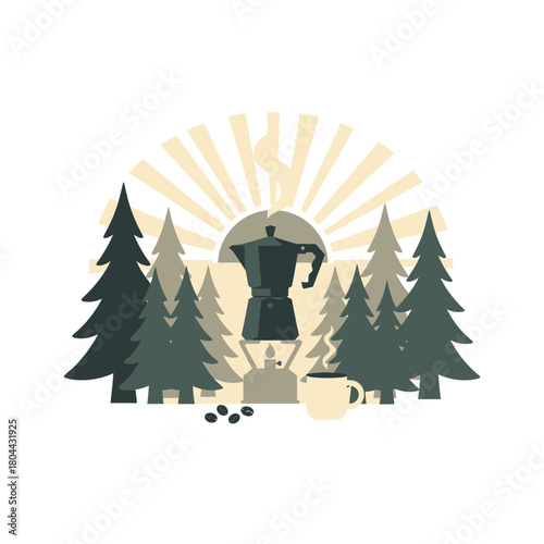 Morning Forest Coffee Ritual with Moka Pot – Minimal Flat Outdoor Vector