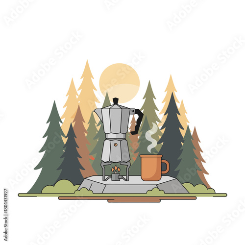 Morning Forest Coffee Ritual with Moka Pot – Minimal Flat Outdoor Vector