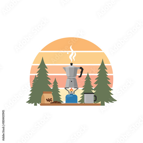 Morning Forest Coffee Ritual with Moka Pot – Minimal Flat Outdoor Vector