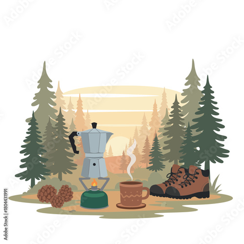Morning Forest Coffee Ritual with Moka Pot – Minimal Flat Outdoor Vector