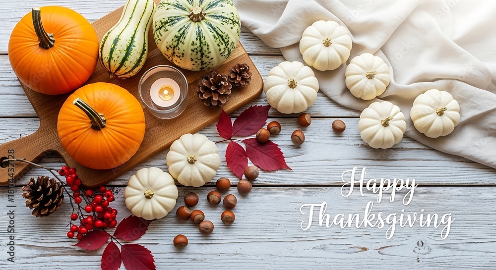 Fototapeta premium Happy thanksgiving autumn harvest with pumpkins, gourds, and nuts