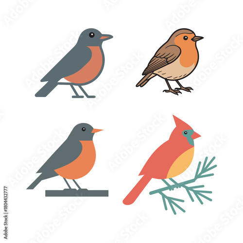 Wallpaper Mural Cute vector illustration set of robins on a branch icon design for spring nature drawing collection Torontodigital.ca