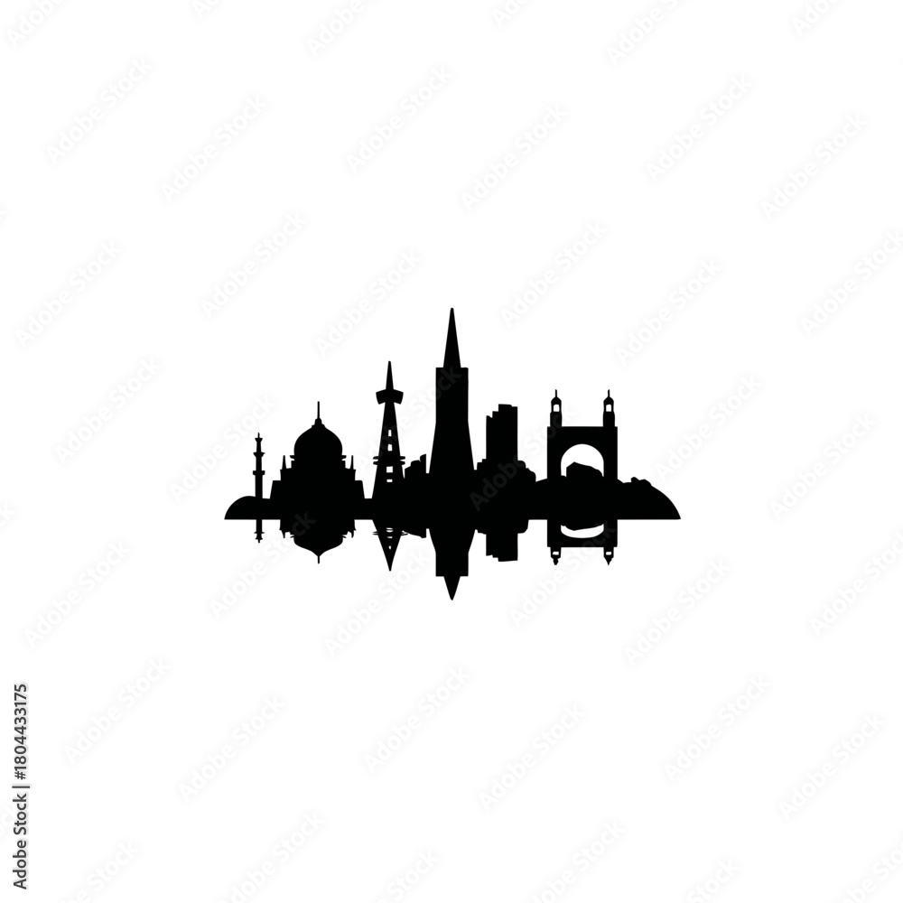 Naklejka premium Silhouette skyline of various city buildings and structures on white