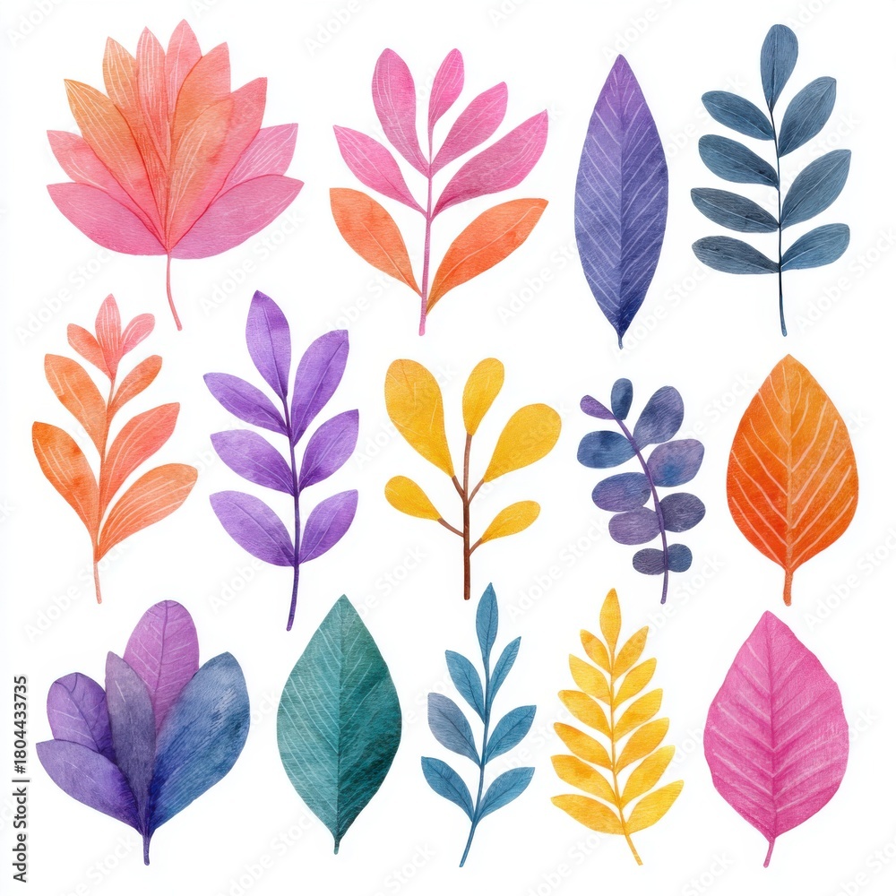 Obraz premium Vibrant Watercolor Leaves Collection in Various Shapes and Colors for Creative Projects and Nature-Inspired Designs