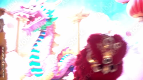 Chinese lion dance performing, Slow motion.	