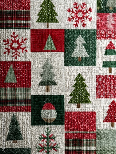 Festive quilt with Christmas tree, snowflake, and holiday patterns in vibrant red, green, and white colors for winter decor