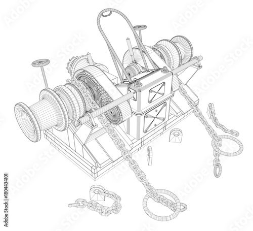 3D wireframe model of a ship's windlass winch with a detailed chain mechanism. The technical illustration is isolated on a white background for clarity.