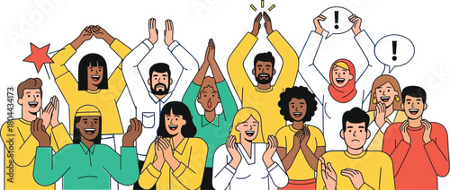 Diverse group of people celebrating and cheering together with excitement