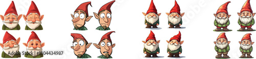 A modern clip art illustration of a cartoon Christmas elf with different expressions is designed using simple gradients and arranged with each part on a separate layer