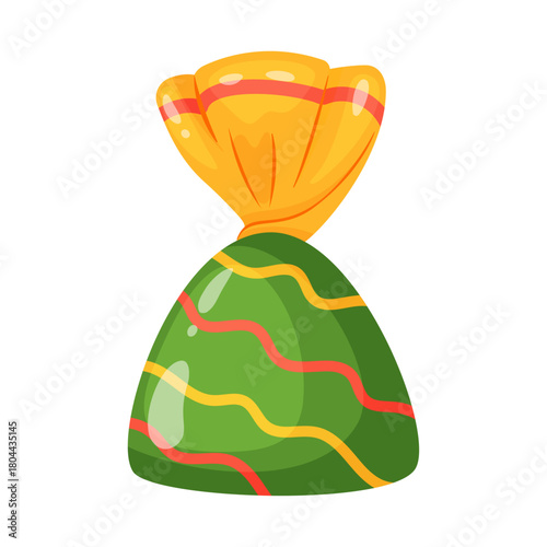 candy wrapped in yellow cellophane with multi colored lines. Colorful flat style vector illustration. Ideal for holiday treats, festive packaging, seasonal decor, and sweet food advertising.