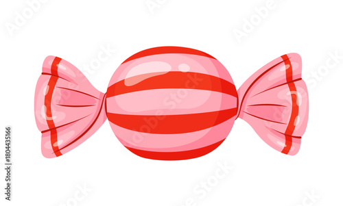 Candy wrapped in pink cellophane with red and pink stripes. Colorful flat style vector illustration. For holiday treats, festive packaging, seasonal decor, childrens design, sweet food advertising.