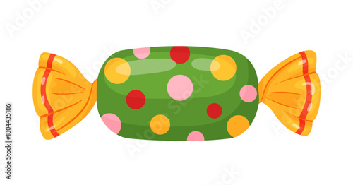 candy wrapped in yellow cellophane with multi colored polka dots. Colorful flat style vector illustration. Ideal for holiday treats, festive packaging, seasonal decor, and sweet food advertising.