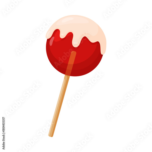 Red round lollipop, dipped in white frosting or glaze, on stick. Colorful flat style vector illustration. For holiday treats, festive graphics, winter celebration themes, childrens designs, sweet food