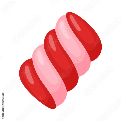 spiral twisted marshmallow red and light pink sections. Colorful flat style vector illustration. Ideal for holiday treats, festive graphics, sweet food advertising, and confectionery designs.