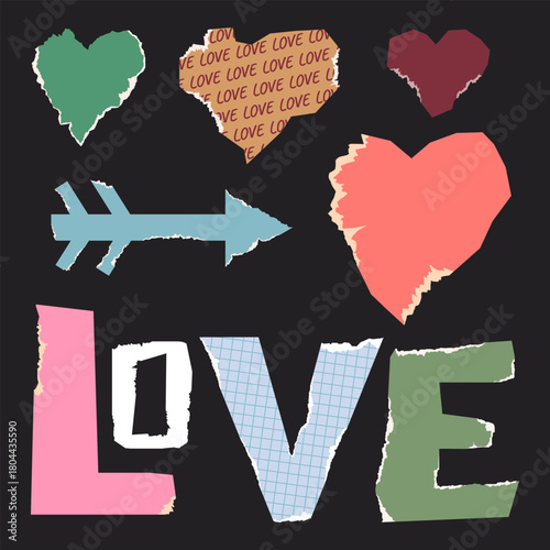 Paper hearts, arrows, letters cut from old paper. Elements with torn edges for scrapbooking, diary and notebooks on love. Collage, greeting card, cover for Valentine's Day, birthday. Vector