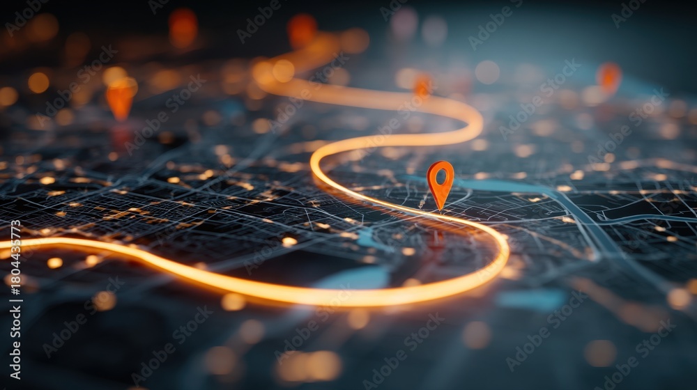 Obraz premium Glowing orange line showing navigation or route on abstract map with pin pointer. Direction concept for travel, logistics, or delivery.