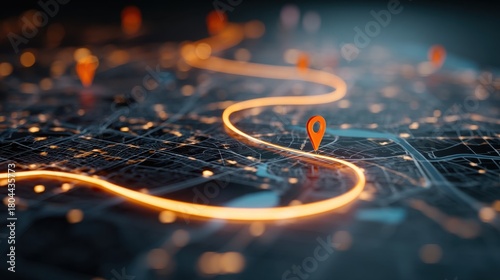 Glowing orange line showing navigation or route on abstract map with pin pointer. Direction concept for travel, logistics, or delivery.