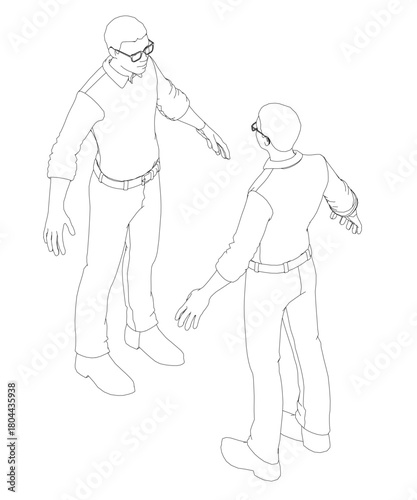 Two African men in a stylized black and white drawing converse while standing side by side. One man wears glasses and gestures towards the other in a thoughtful pose.