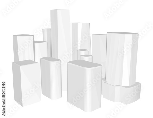 Polygonal white skyscrapers form a low poly cityscape model on a clean white background, creating a minimalist architectural visualization.
