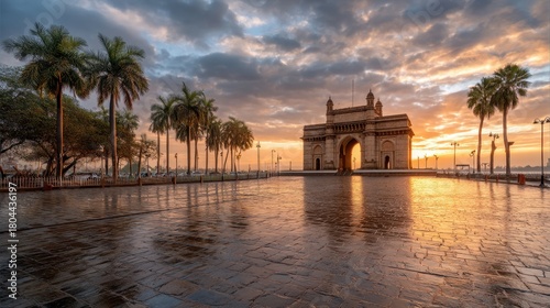Gateway to india at sunrise reflecting on wet pavement. Historic landmark with palm trees for travel and tourism concept.