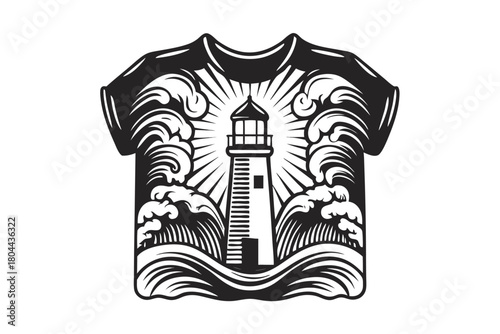 Black and white lighthouse amidst ocean waves is enclosed by a shirt outline