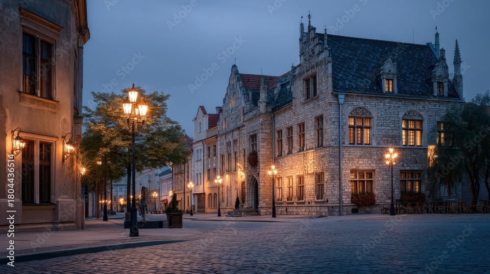 Fototapeta premium Cobblestone street in old town with illuminated historic building and street lamps at dusk. European architecture for travel background.