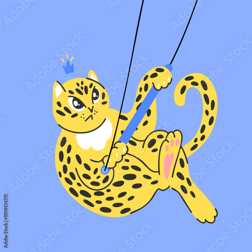 Flying yellow spotted leopard with crown on trapeze, circus performance on blue in cartoon style