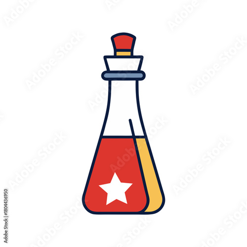 Stylized illustration of a potion bottle with a red liquid and a white star
