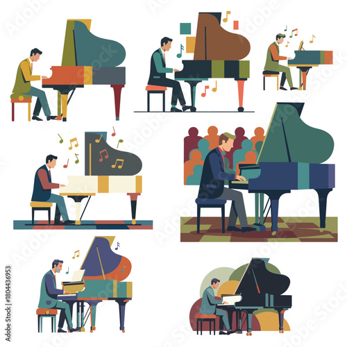 Elegant pianist concert illustrations for creative projects, music posters, and digital art design, vibrant and catchy, perfect for promoting musical performances