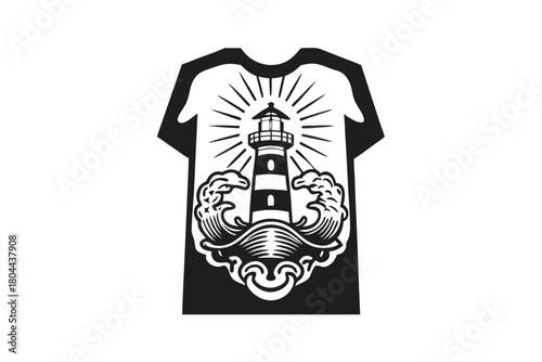 Black and white lighthouse design featuring stylized waves on a tshirt graphic