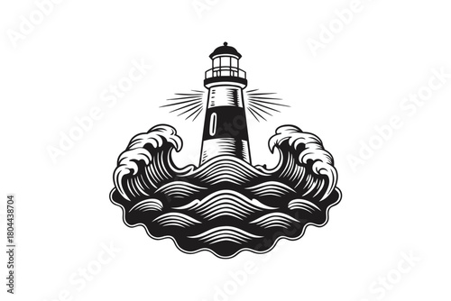 Black and white lighthouse illustration with waves offers guidance and evokes vintage appeal