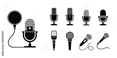 Microphone icon set isolated on white background. Karaoke, podcast, music, broadcasting and audio recording icons. Vector illustration.