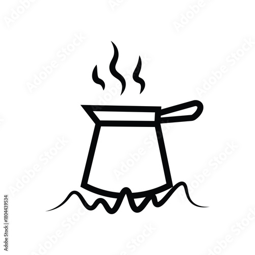 Black turkish coffee pot steams on heat waves in a bold line art illustration on white background