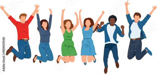 Diverse group of friends joyfully jumping together against a bright yellow backdrop