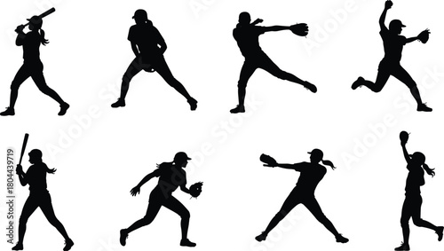 Silhouette of women playing softball with bat and glove, throwing, catching, and pitching ball vector illustration for sports activity concept.