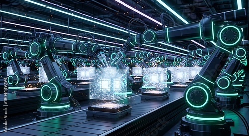 Advanced industrial automation with robotic arms on a futuristic production line, symbolizing the future of smart manufacturing and efficiency