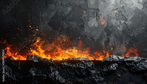 dark concrete black background, old gray grunge texture, stone surface, soft blur fire confetti sparkle