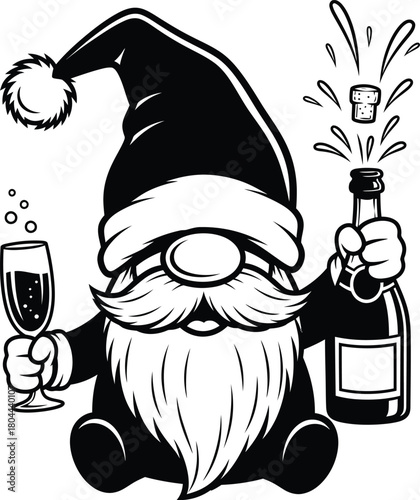 Gnome santa celebrating new year with champagne bottle and glass vector eps silhouette