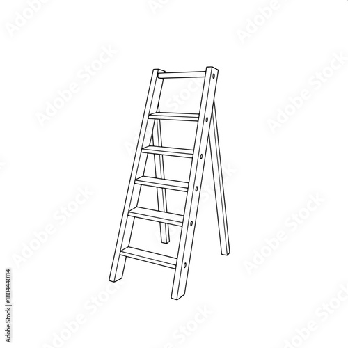 Illustration resembling a detailed assembly guide with a traditional wooden stepladder as the central subject, drawn in crisp black outlines with a front-facing perspective, showcasing a simple and pu