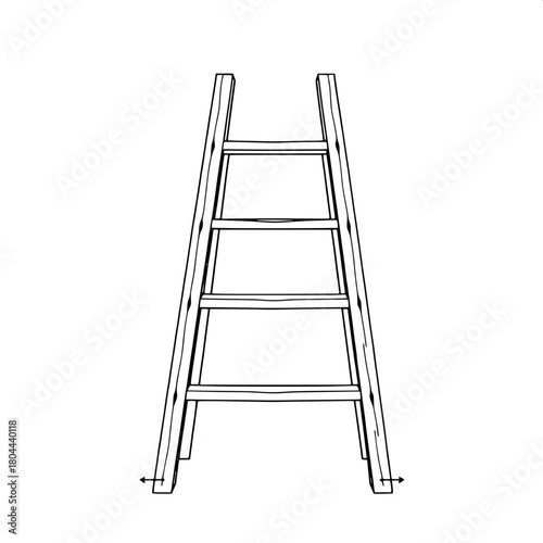Illustration resembling a detailed assembly guide with a traditional wooden stepladder as the central subject, drawn in crisp black outlines with a front-facing perspective, showcasing a simple and pu