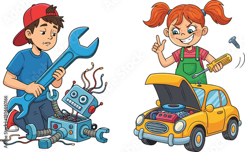 Children learning mechanical skills while fixing a robot and repairing a toy car, showing creativity, engineering concepts, problem solving, and hands-on learning