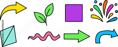 Vibrant hand drawn doodle element set with arrows leaves square wave and curved shapes for design graphics