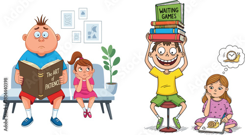 Children learning patience through books, waiting activities, slow tasks, creative thinking, emotional development, mindfulness, and calm behavior illustrated in a playful educational scene