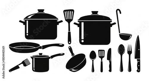 Kitchen Utensils Silhouette Vector Illustration of Pots, Pans, Spoons, Forks, Knives on White Background

