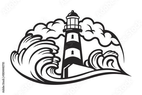 Black and white lighthouse stands amid swirling waves and birds in format
