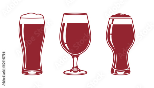 Set of minimalist stout beer illustrations in pint and tulip glasses, ideal for Oktoberfest or bar logos.